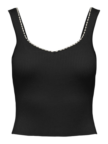 Only Sweetheart Pearl Trim Sleeveless Knit Top In Black