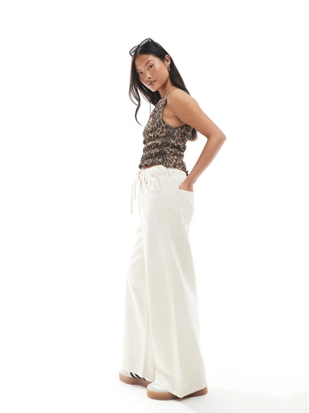 Only Tie Elasticated Waist Wide Leg Jeans In Ecru