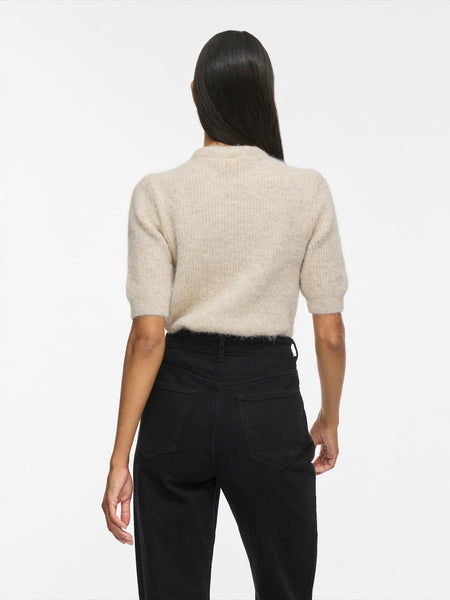 Vila Tie Neck Short Sleeve Knit Top In Oatmeal