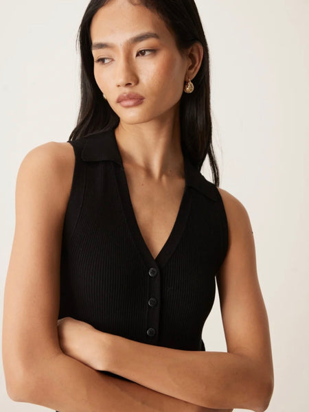 JDY Rib Knit Sleeveless Polo In Black