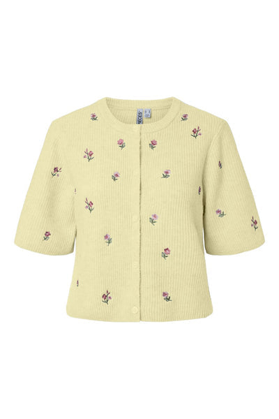 Pieces Embroidered Knit Short Sleeve Cardigan In Lemon
