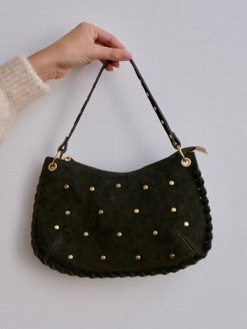 Studded Suede Crossbody Bag 100% Leather In Black