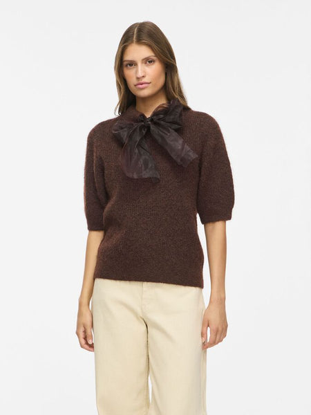 Vila Tie Neck Short Sleeve Knit Top In Brown