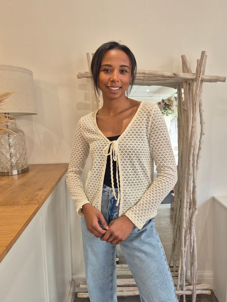 Vila Tie Front Crochet Cardigan In Birch