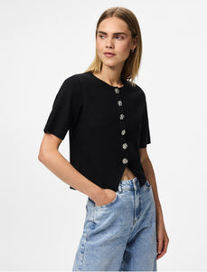 Pieces Button Front Short Sleeve Knit Top In Black