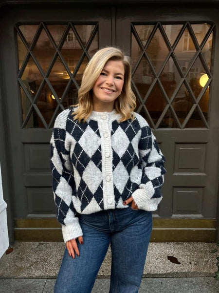 Vila Argyle Knit Cardigan In Grey & Navy