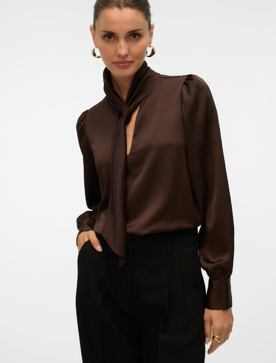 VM Tie Neck Satin Long Sleeved Blouse in Chocolate Brown