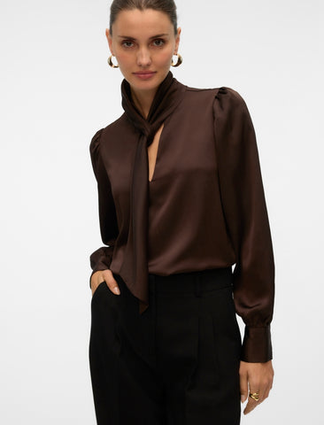 VM Tie Neck Satin Long Sleeved Blouse in Chocolate Brown