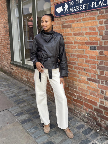 JDY Funnel Neck Pu Leather Belted Jacket In Chocolate Brown