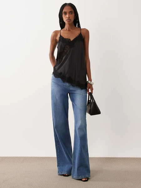 JDY Asymmetric Cami Top With Lace Detail In Black