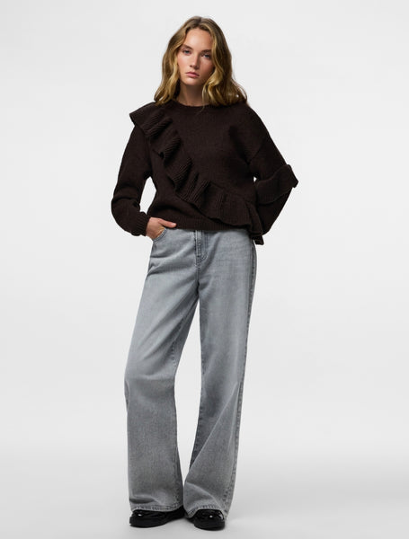 Pieces Ruffle Frill Knit Jumper In Chocolate Brown
