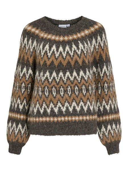 Vila Oversized Fairisle Knit Jumper In Brown