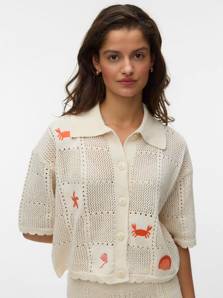 VM Crochet Summer Embroidered Short Sleeve Button Front Top