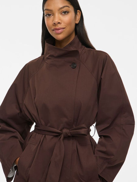 Vila Belted Funnel Neck Trench Coat In Dark Brown