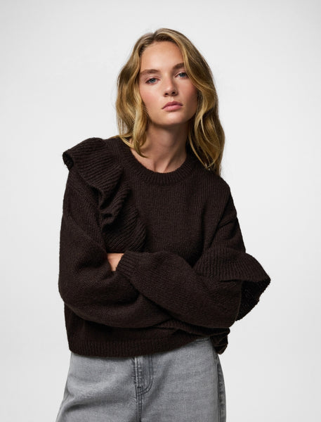Pieces Ruffle Frill Knit Jumper In Chocolate Brown