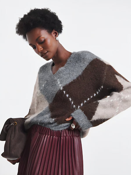JDY V-neck Argyle Knit Jumper In Grey