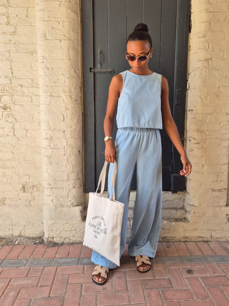 Pieces Light Blue Denim Open Back Top & Wide Leg Jeans Co-ord Set - Items Sold Separately