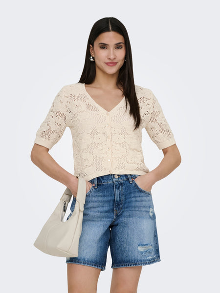 Only Crochet Knit Vneck Cardigan In Cream