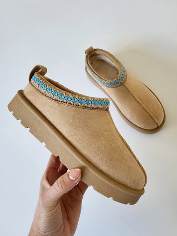 Embroidered Slip On Cosy Taz Slipper Shoe In Biscuit