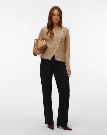 Vm Asymmetric Gold Button Front Long Sleeve Knitted Top