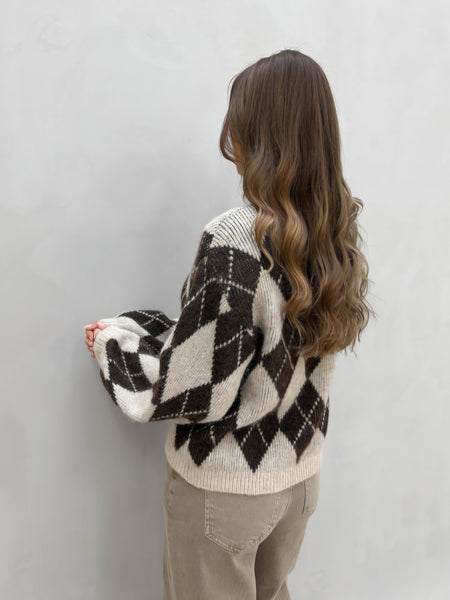 Vila Argyle Long Sleeve Knit Jumper In Brown