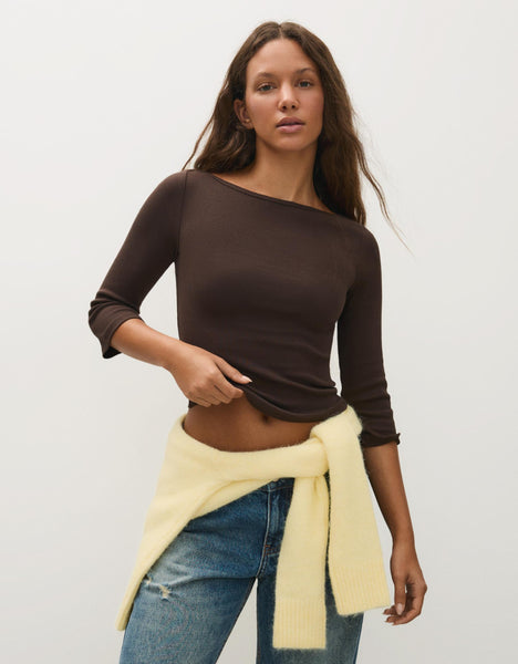 VM 3/4 Sleeve Slash Neck Top In Chocolate Brown