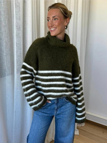 Only Rollneck Fluffy Oversized Knit Jumper In Green Stripe