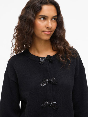 Vila Bow Detailed Knitted Cardigan In Black