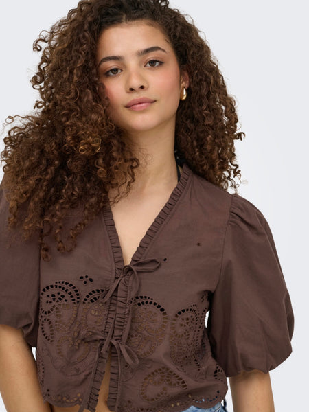 Only Embroidered Tie Front Short Sleeve Top In Brown