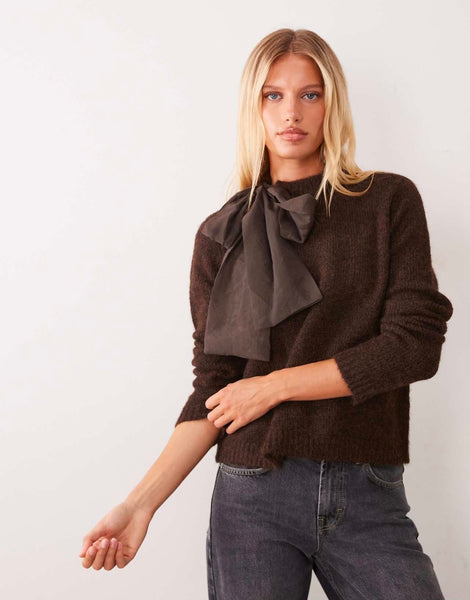 Vila High Neck Organza Bow Long Sleeve Knitted Jumper In Chocolate Brown