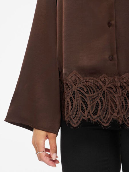 Vila Lace Trimmed Satin Shirt in Chocolate Brown