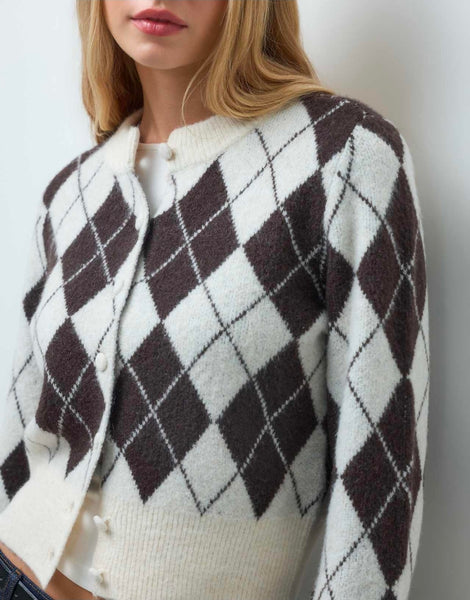 VM Brown Argyle Cropped Knit Cardigan