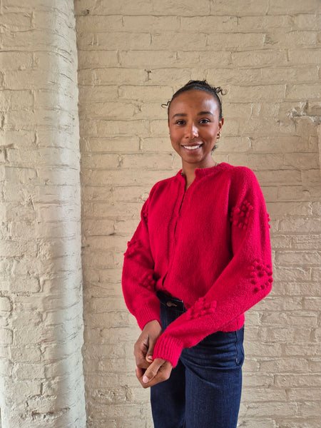 Vila Bubble Heart Knit Cardigan in Red