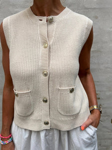 JDY Knitted Round Neck Button Up Waistcoat In Cream