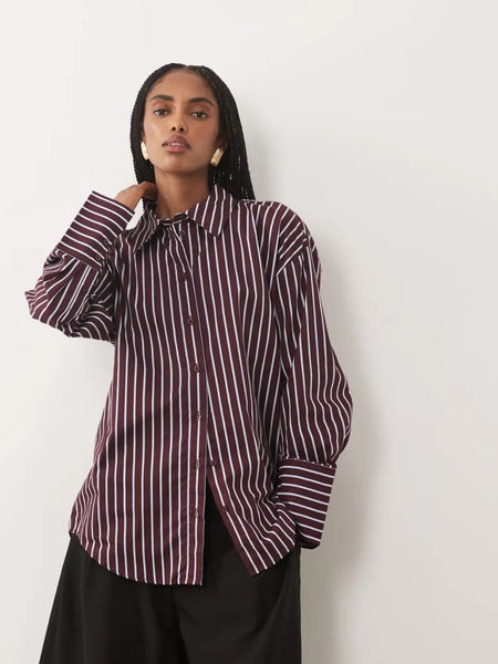 JDY Oversized Striped Shirt In Burgundy & Blue