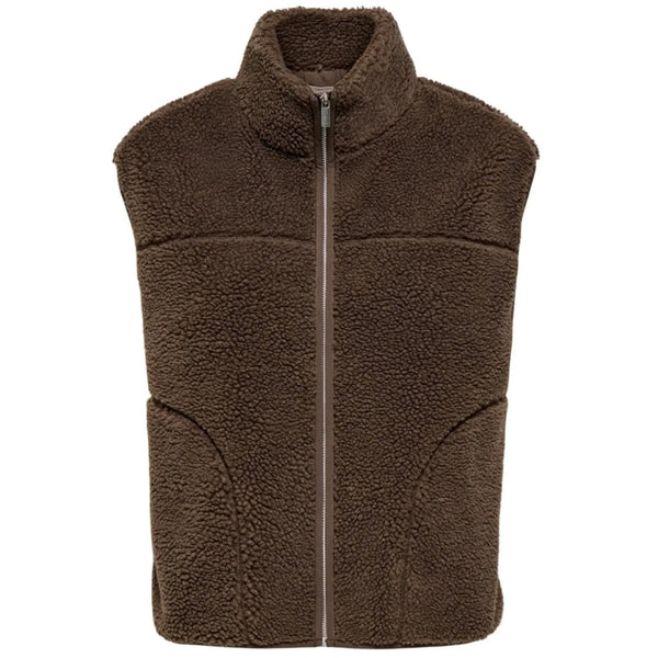 Only Teddy High Neck Zip Up Gilet In Brown