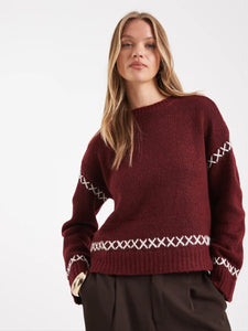 Only Contrast Stitch Knit Jumper In Burgundy