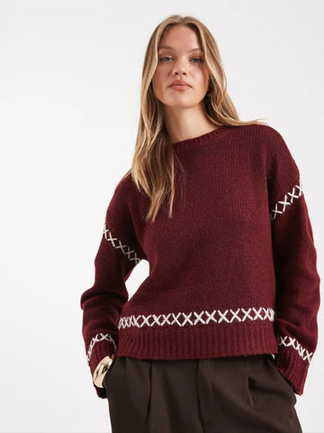 Only Contrast Stitch Knit Jumper In Burgundy