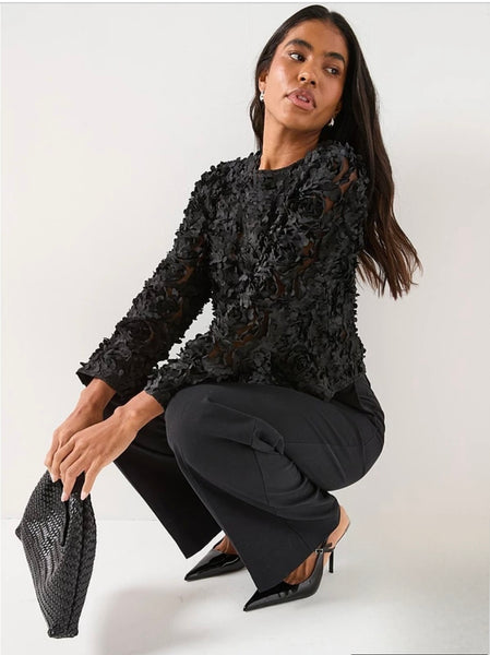 Only Rose Bloom 3D Textured Long Sleeve Top In Black