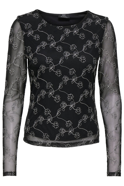 JDY Embroidered Long Sleeve Round Neck Top In Black