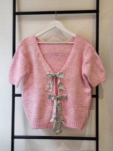 Tie Back Pink Knitted Short Sleeve Top