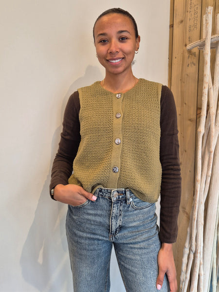 JDY Knitted Button Front Waistcoat In Olive Green