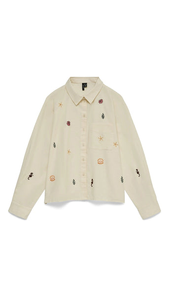 VM Long Sleeve Embroidered Summer Shirt In Ecru