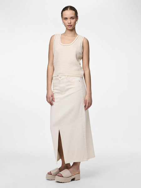 Pieces Cream Split Front Denim Maxi Skirt
