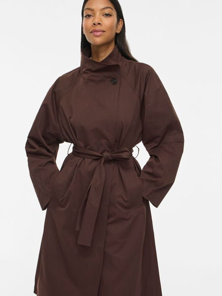 Vila Belted Funnel Neck Trench Coat In Dark Brown
