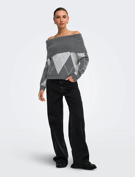 Only Off The Shoulder Argyle Check Knit Jumper In Grey