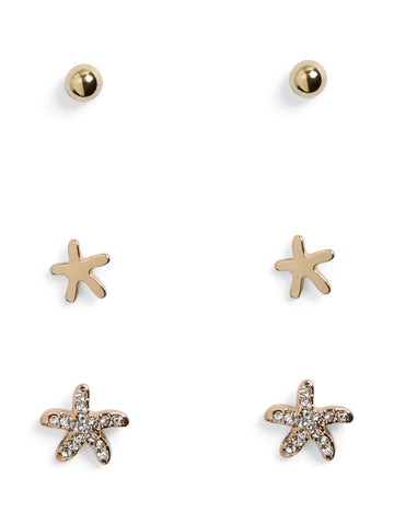 Pieces Pack of 3 Assorted Starfish Earrings In Gold Or Silver