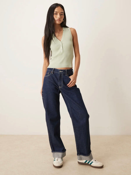 JDY Rib Knit Sleeveless Polo In Sage Green