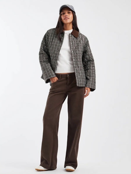 Pieces Quilted Short Jacket With Cord Collar In Green & Burgundy Check