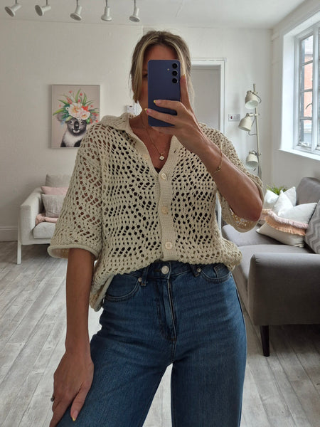 Pieces Short Sleeve Crochet Knit Cardigan